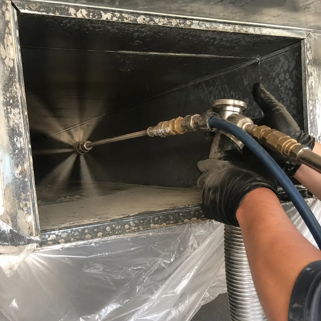 Technician using professional equipment for thorough air duct cleaning and sanitization