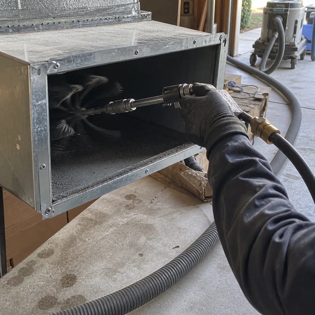 Technician using a rotating brush to clean a residential air duct.