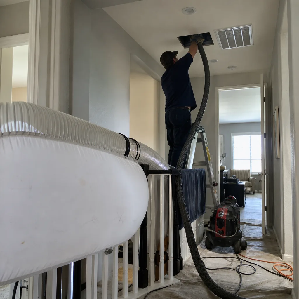 Technician using vacuum equipment for professional residential air duct cleaning service
