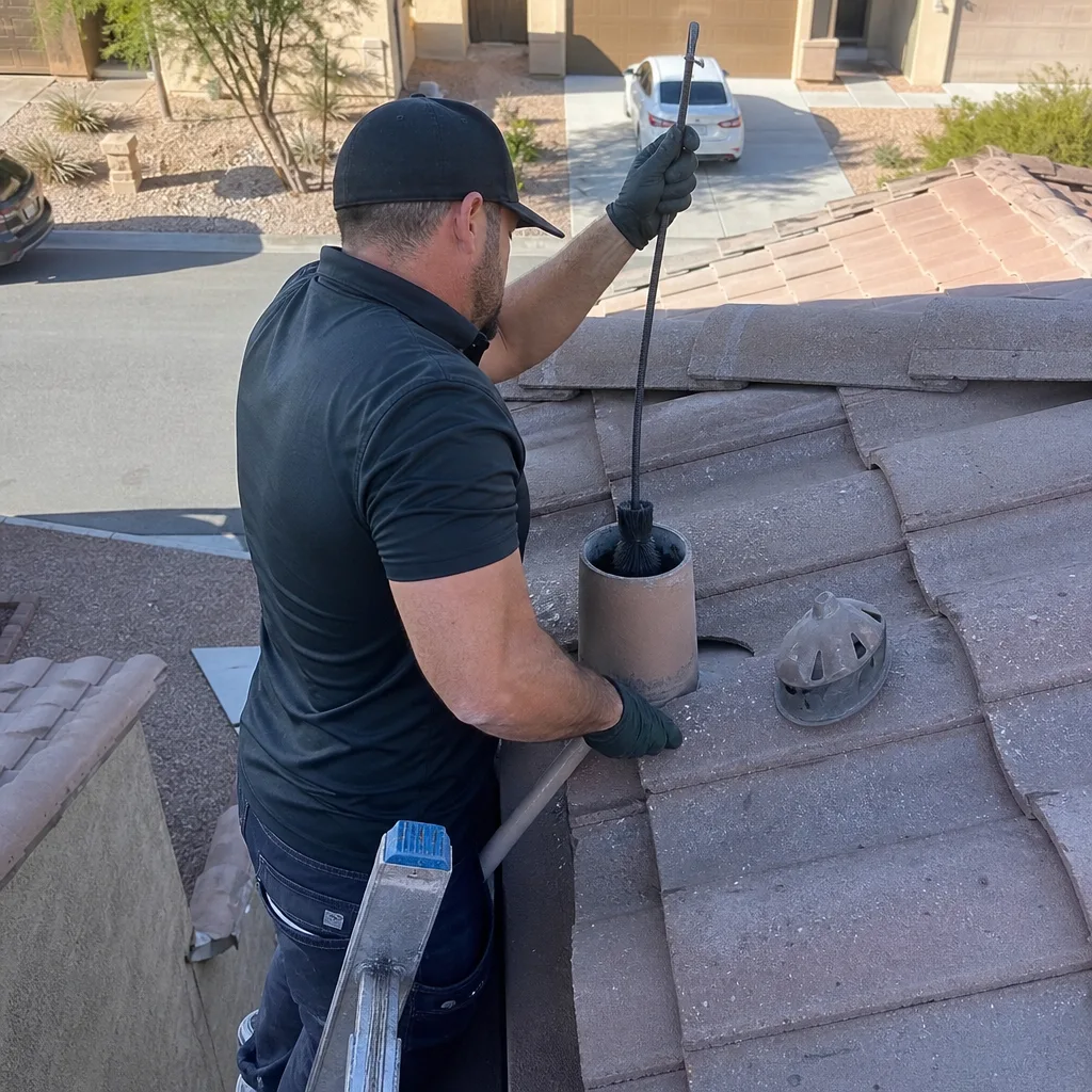 professional technician performing a residential dryer vent cleaning from the roof