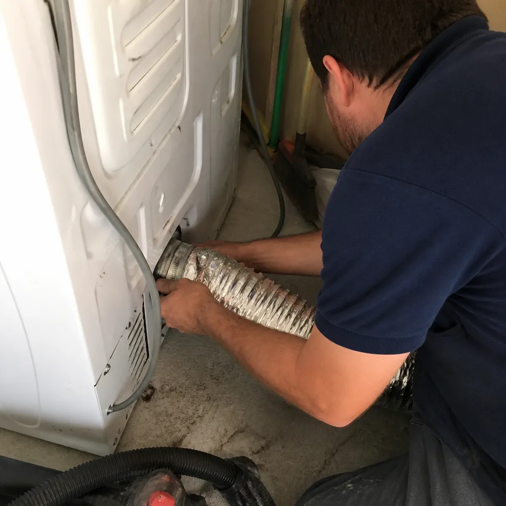 Technician attaching a new flexible metallic dryer vent hose to appliance