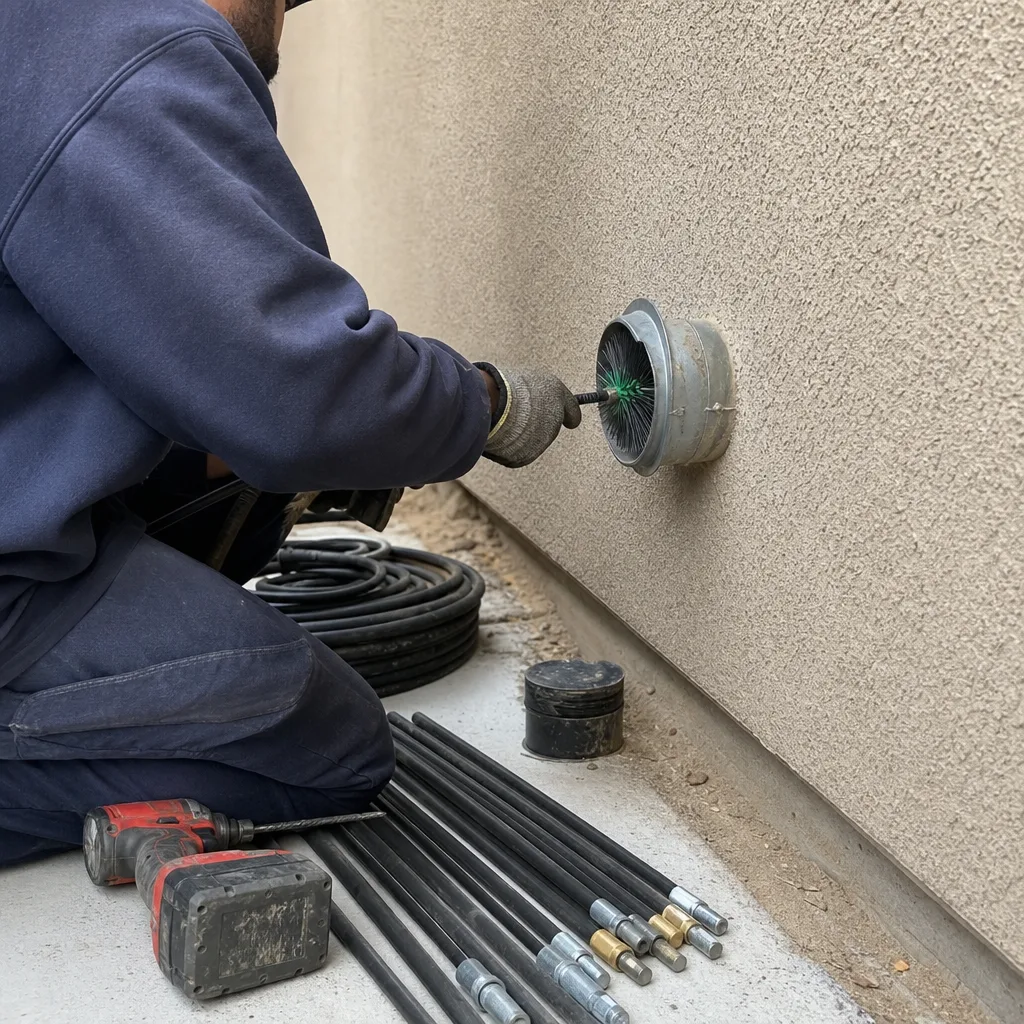 Technician performing professional dryer vent cleaning with rotary brush tool